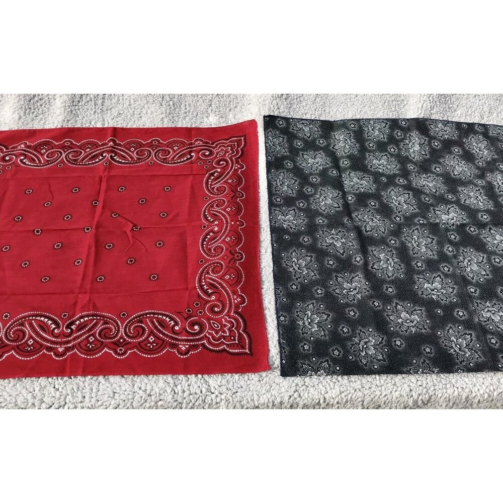 2 Vtg 70s Bandana Red Black Paisley Floral Western Rockabilly Handkerchief USA